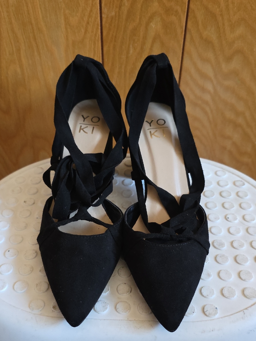 Yoki Black Pointed Lace-Up Heels